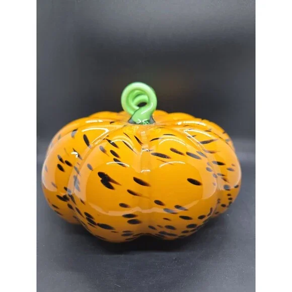 ART GLASS HAND BLOWN PUMPKIN LONG CURLY STEM HALLOWEEN FALL AUTUMN DECOR 7” - Picture 8 of 11